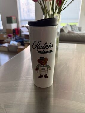 Ralph Lauren White Travel Tumbler with Bear Graphic and Black Lid